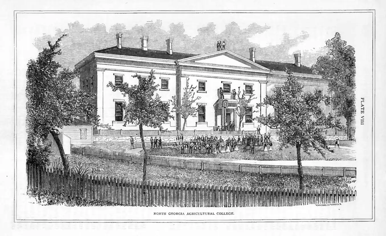 A wood engraving captioned 'North Georgia Agricultural College', marked 'Plate VIII': a large two-storey building with a central pediment and chimneys, a crowd of students on the lawn, young trees and picket fences.